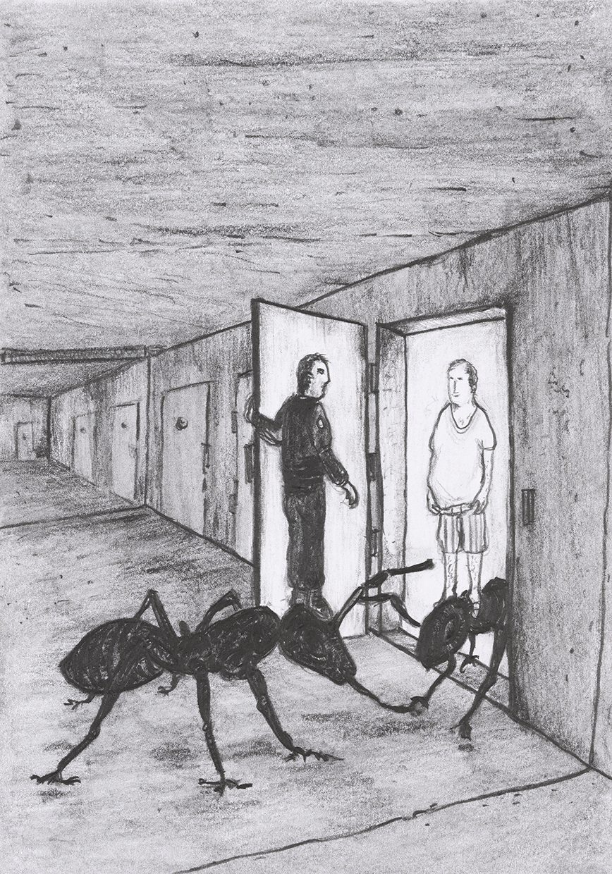 Arnaud Théval Histoire animale de la prison (2025) dessin format 15 x 21 cm.