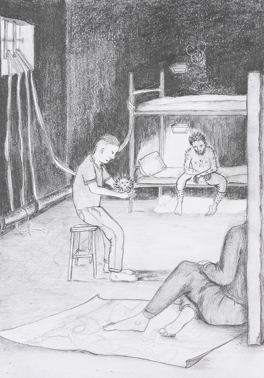 Arnaud Théval Histoire animale de la prison (2025) dessin format 15 x 21 cm.
