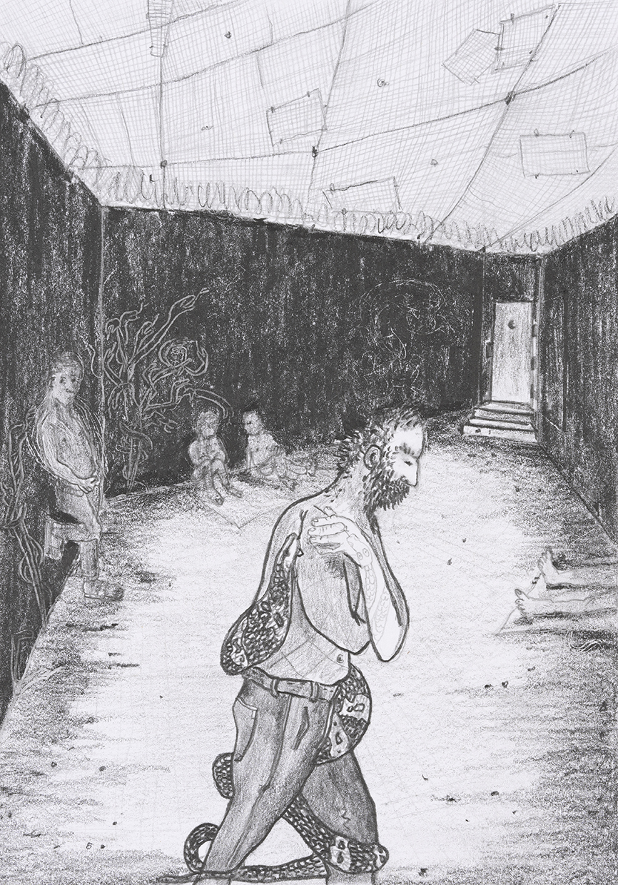 Arnaud Théval Histoire animale de la prison (2025) dessin format 15 x 21 cm.