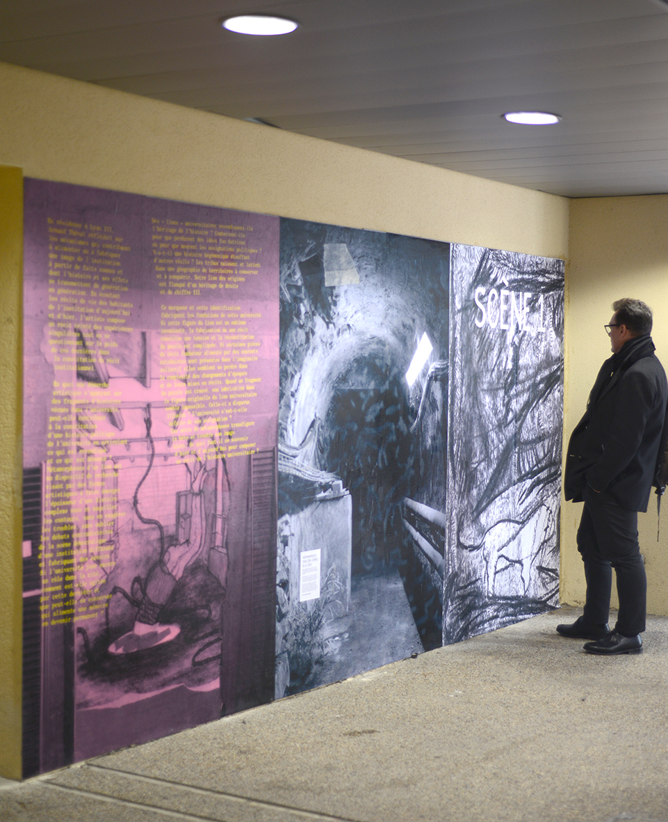 Arnaud Théval "Métamorphoses d’un lion, scène 1" (2024) photographies, textes et dessins par A.Théval. Conception graphique par Mathieu Tremblin. Université Jean Moulin, Lyon III.